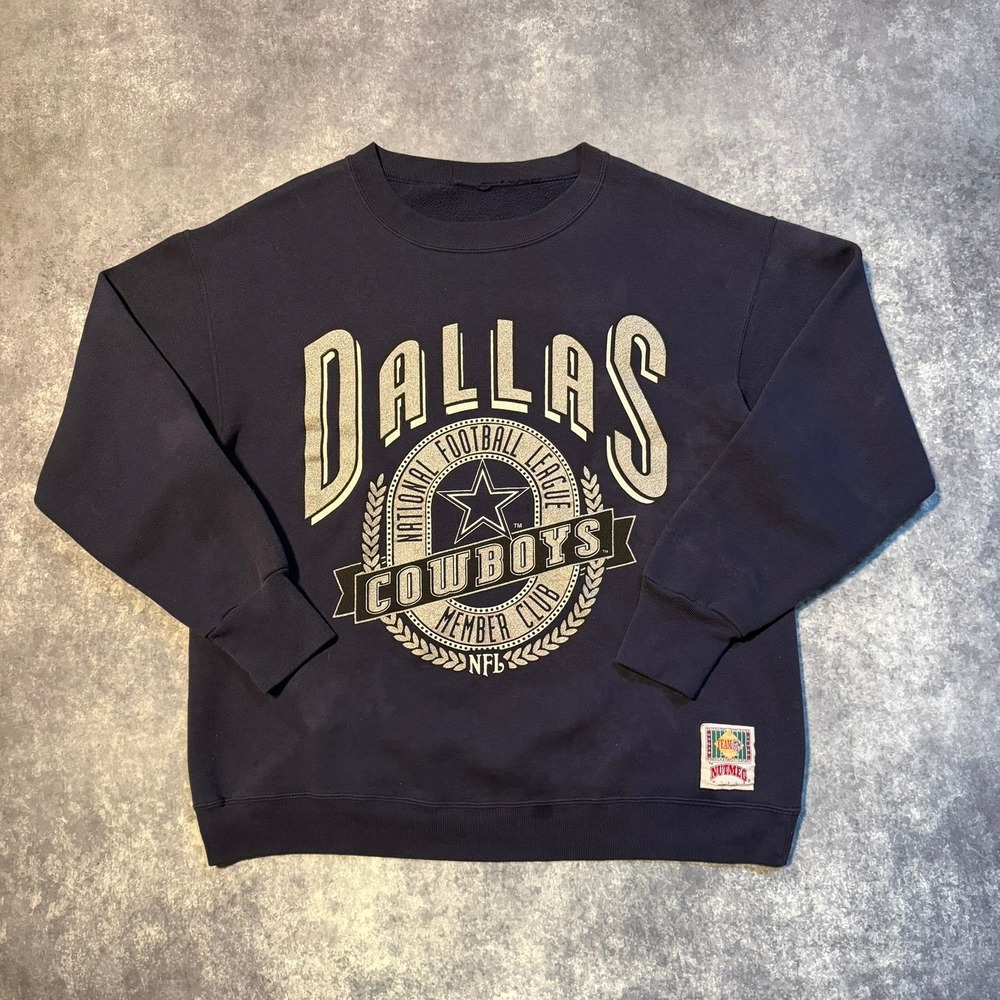 Vintage Nutmeg Dallas‎ Cowboys NFL Sweatshirt Navy Blue Large Made in USA 90s